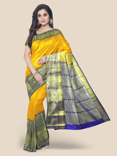 

Kalamandir Yellow & Blue Ethnic Motifs Zari Silk Blend Kanjeevaram Saree