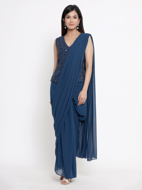 

Juniper Blue Georgette Embellished Saree Style Maxi Dress