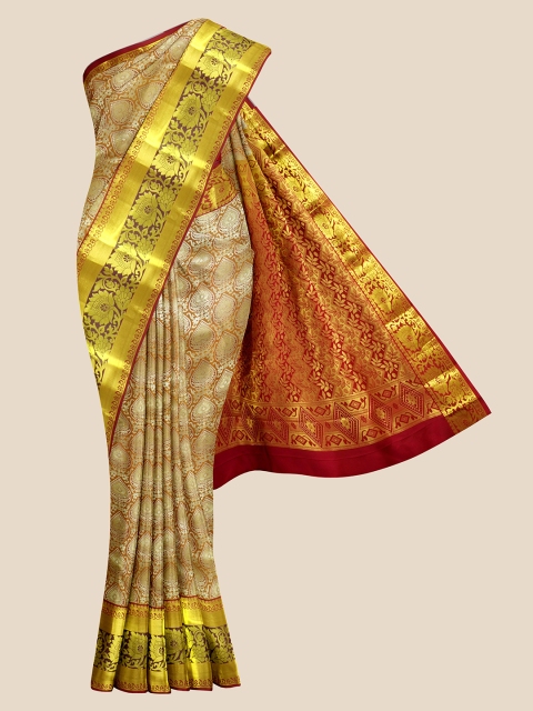 

Kalamandir Mustard Yellow & Cream-Coloured Ethnic Motifs Silk Blend Kanjeevaram Saree