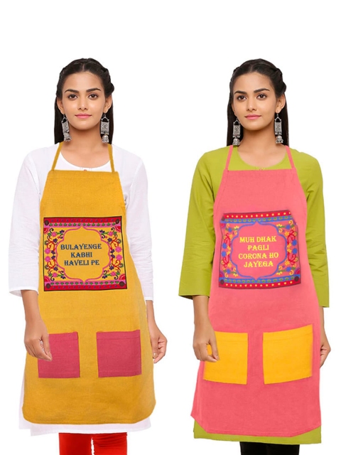 

Voylla Women Set Of 2 Mustard Yellow & Coral Pink Truck Art Printed Washable Aprons
