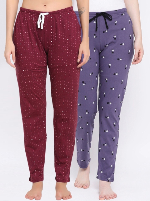 

Kanvin Women Pack Of 2 Printed Pure Cotton Lounge Pants, Maroon