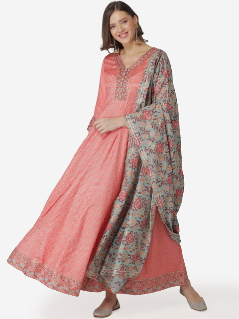 

TARA-C-TARA Women Pink & Green Floral Printed Anarkali Kurta With Dupatta