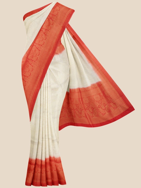 

Kalamandir Cream & Red Woven Design Zari Silk Blend Banarasi Saree