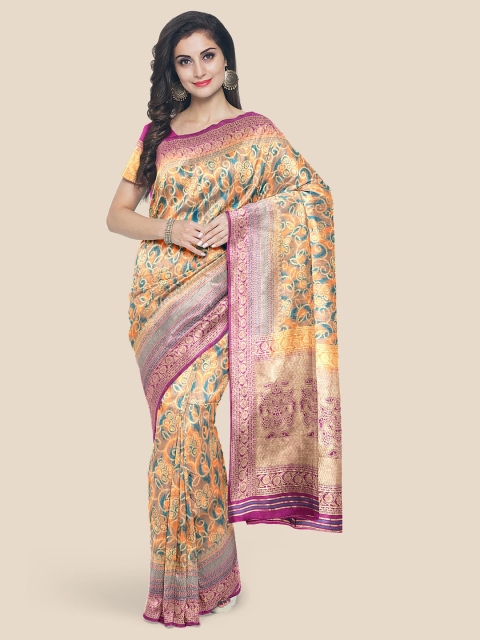 

KLM Fashion Mall Orange & Purple Ethnic Motifs Silk Blend Banarasi Saree