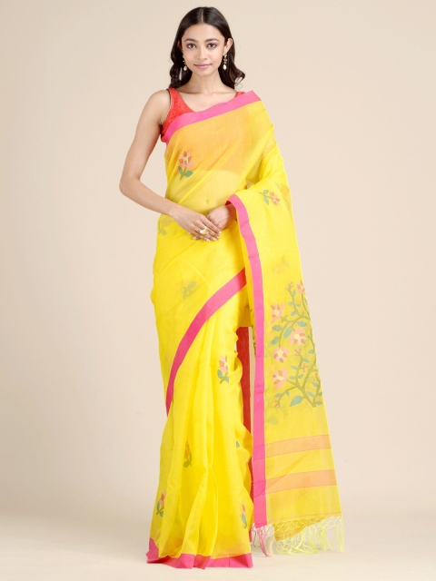 

Mitera Yellow & Pink Floral Pure Silk Jamdani Saree