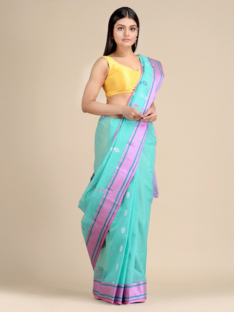 

Mitera Turquoise Blue & Pink Ethnic Motifs Pure Cotton Taant Saree