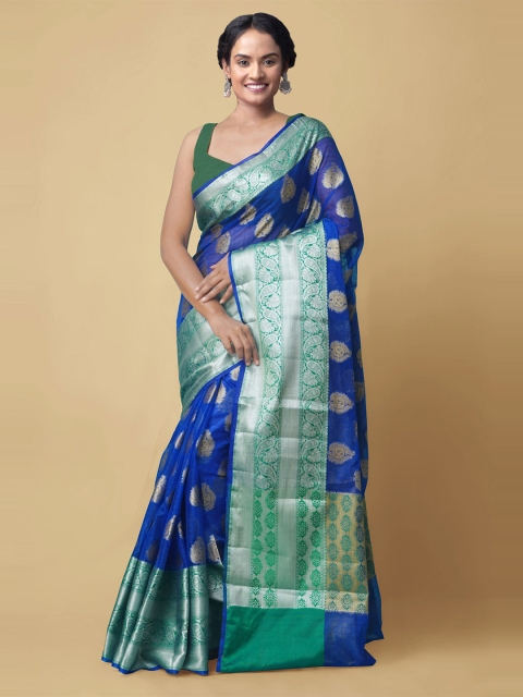 

Unnati Silks Blue & Green Woven Design Zari Silk Cotton Banarasi Saree