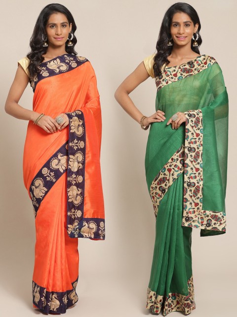 

KALINI Florence Orange & Green Silk Border Printed Saree with Blouse Pack Of 2