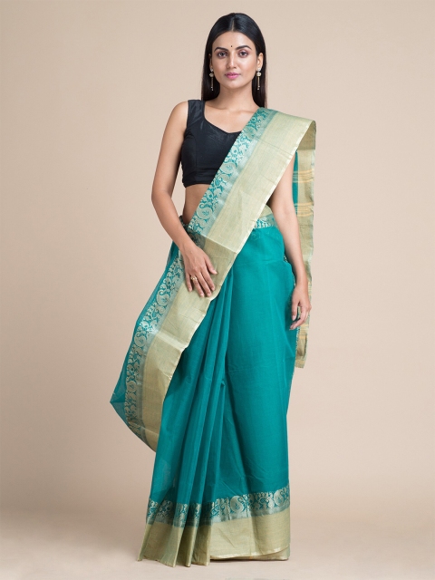 

Mitera Turquoise Blue & Beige Pure Cotton Fusion Taant Saree