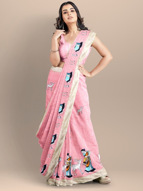 

BharatSthali Pink Zari Silk Cotton Mangalagiri Saree