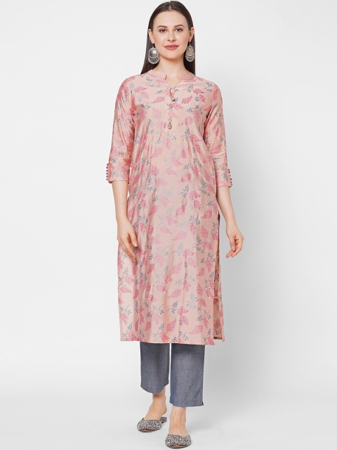 

Os Women Pink Ethnic Motifs Printed Chanderi Silk Straight Kurta with Trousers