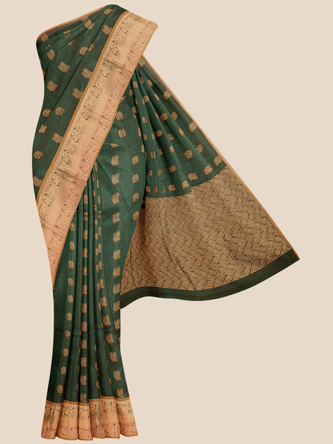 

Kalamandir Green & Gold-Toned Woven Design Zari Silk Blend Venkatgiri Saree
