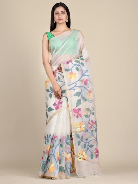 Mitera Off White & Pink Floral Pure Silk Heavy Work Jamdani Saree