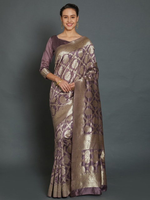

Mitera Lavender & Gold-Toned Ethnic Motifs Zari Silk Blend Banarasi Saree