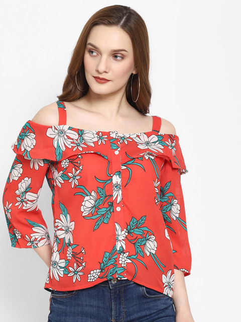 

NIXX Orange & White Floral Crepe Bardot Top