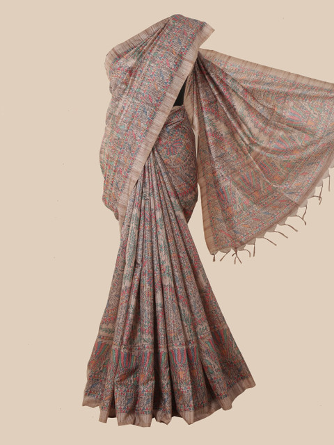 

Pothys Cream & Blue Kalamkari Jute Silk Saree