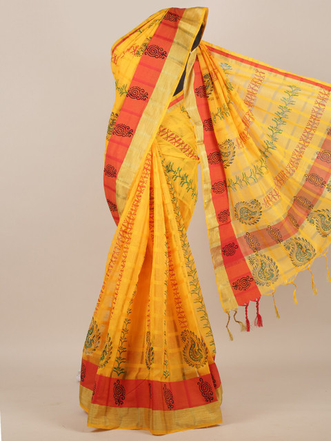

Pothys Yellow & Red Paisley Cotton Blend Saree