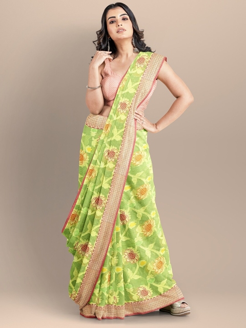 

BharatSthali Green & Pink Woven Design Silk Cotton Banarasi Saree