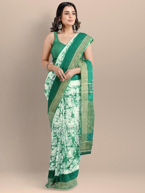 

BharatSthali Green & White Batik Zari Pure Linen Narayan Peth Saree