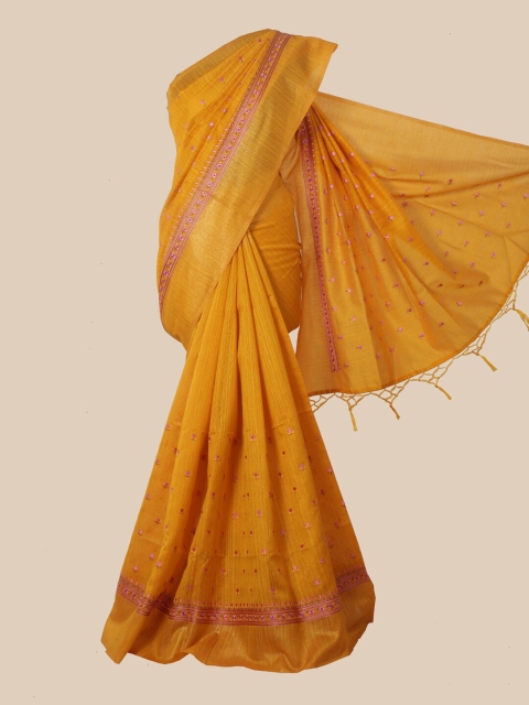 

Pothys Yellow & Pink Floral Embroidered Jute Silk Saree