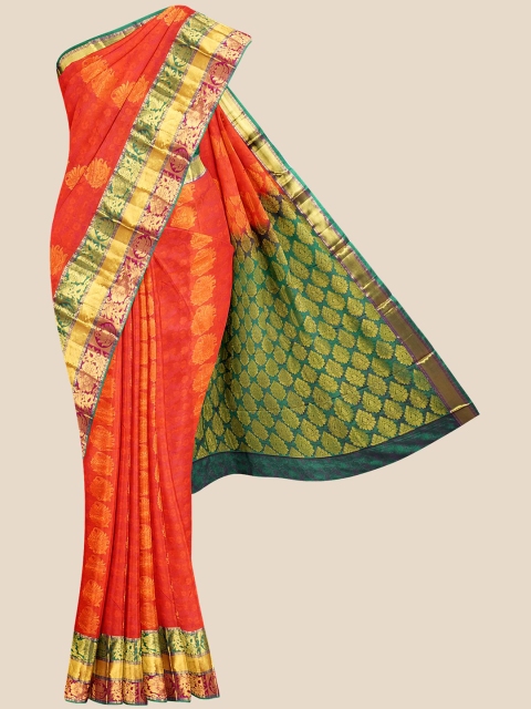 

Kalamandir Rust & Green Woven Design Zari Silk Blend Kanjeevaram Saree