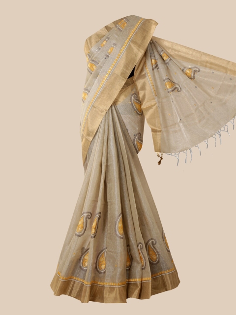 

Pothys Grey & Yellow Paisley Tissue Saree