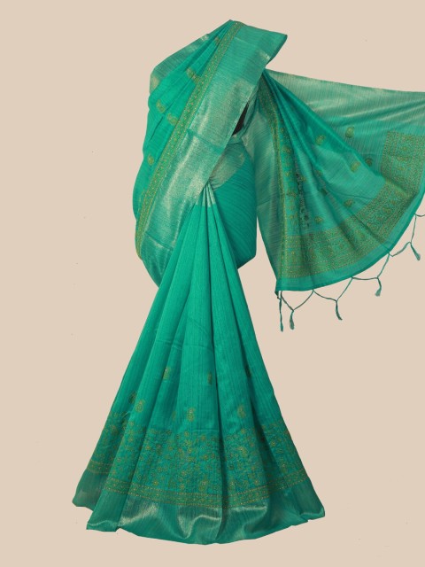 

Pothys Green & Gold-Toned Ethnic Motifs Zari Jute Silk Saree