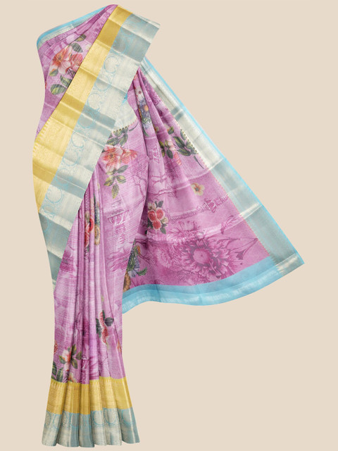 

Kalamandir Women Pink & Yellow Floral Zari Silk Blend Banarasi Saree