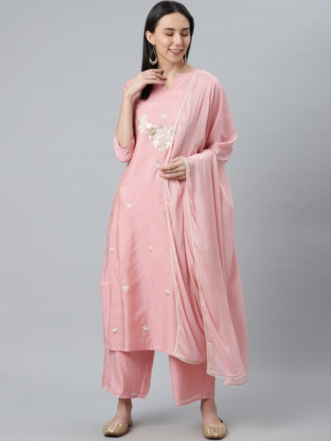 

Libas Women Pink Embroidered Chanderi Silk Kurta with Palazzos & Dupatta
