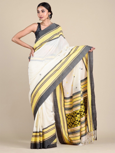 

Mitera Off White & Yellow Hand Woven Buti Work Pure Cotton Saree