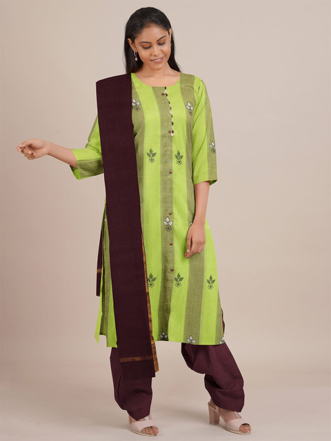 

Pothys Green & Burgundy Printed Unstitched Dress Material