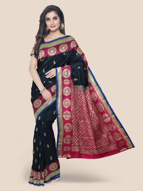 

KLM Fashion Mall Black & Magenta Ethnic Motifs Zari Silk Blend Kanjeevaram Saree