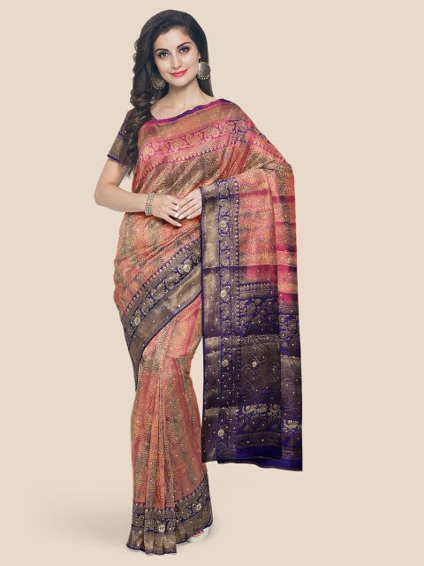 

Kalamandir Pink & Blue Ethnic Motifs Silk Blend Banarasi Saree