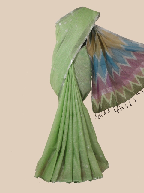 

Pothys Green & Silver-Toned Woven Design Linen Blend Saree