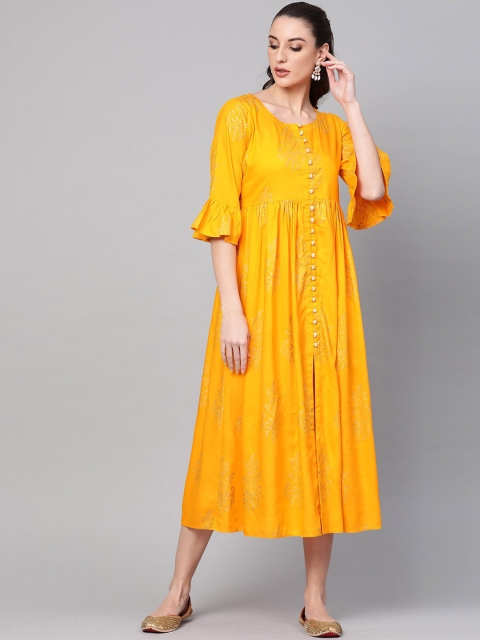 

Libas Mustard Yellow Floral Tie-Up Neck Ethnic A-Line Midi Ethnic Dress