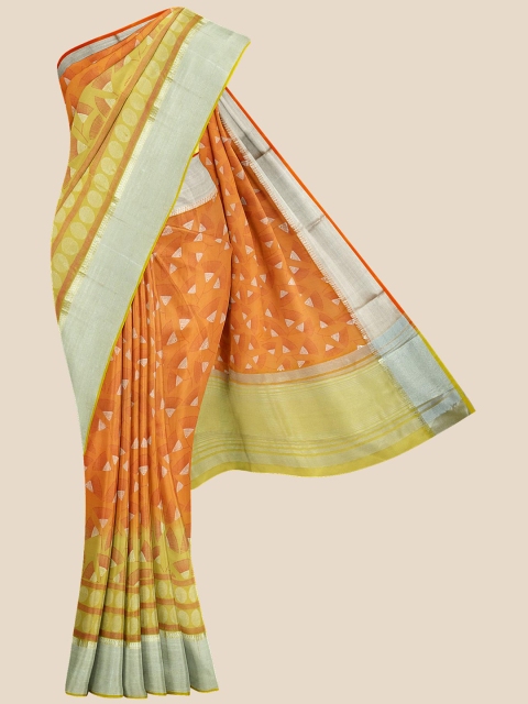 

Kalamandir Orange & Green Zari Silk Blend Banarasi Saree