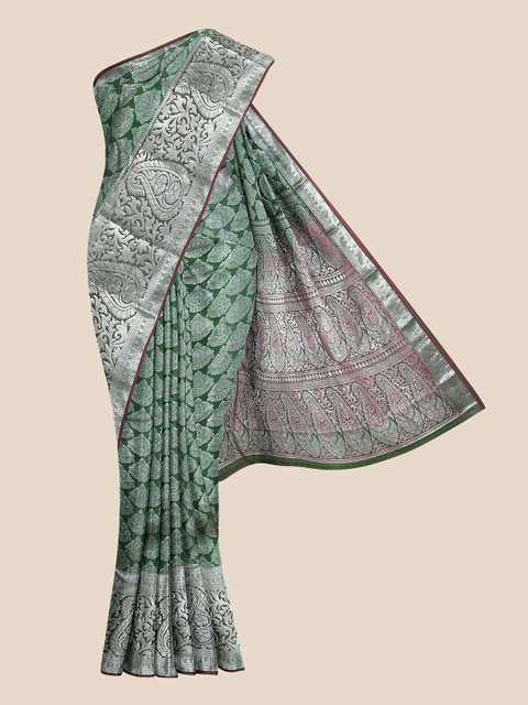 

Kalamandir Green & Silver-Coloured Ethnic Motifs Silk Blend Kanjeevaram Saree
