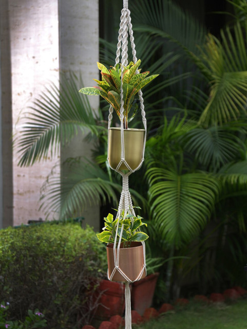 

Amoliconcepts Gold-Toned & Off White Double Hanging Macrame Planter Holder