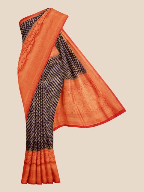 

KLM Fashion Mall Navy Blue & Gold Woven Design Silk Blend Banarasi Saree