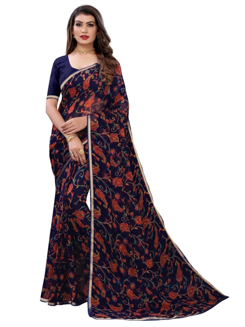 

KALINI Navy Blue & Red Floral Printed Designer Saree