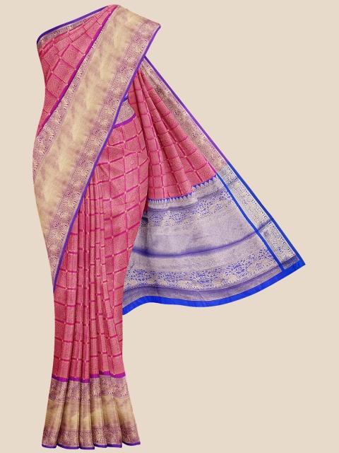 

Kalamandir Pink & Blue Checked Zari Silk Blend Banarasi Saree