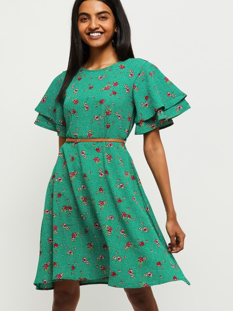 

max Green & Red Floral Printed Georgette Fit & Flare Dress