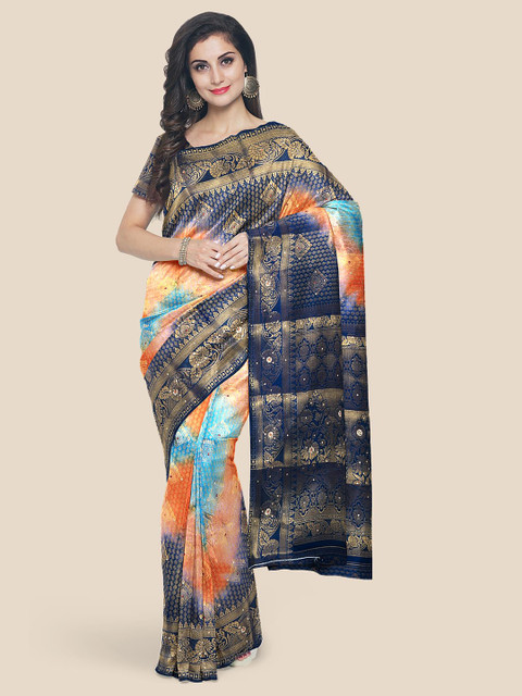 

Kalamandir Orange & Blue Woven Design Silk Blend Banarasi Saree