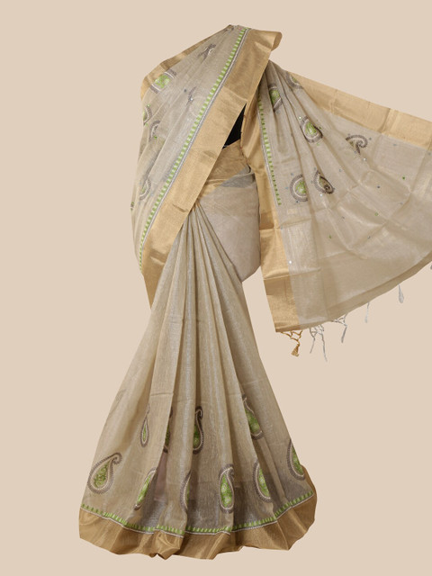 

Pothys Grey & Green Paisley Zari Tissue Saree