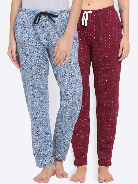 

Kanvin Women Pack Of 2 Printed Pure Cotton Lounge Pants, Maroon