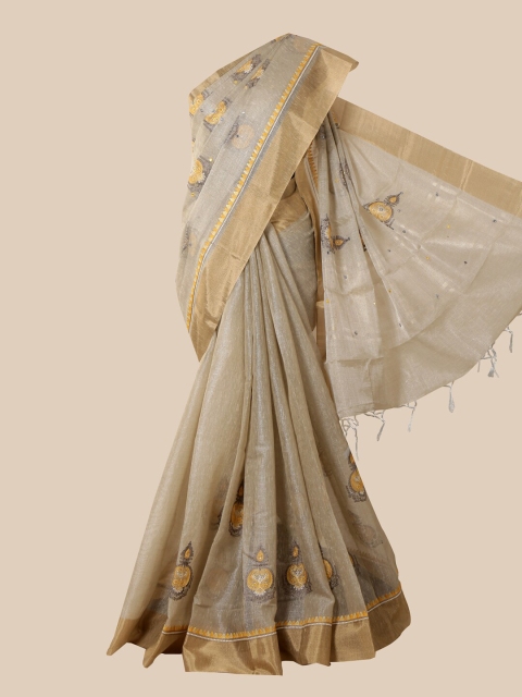 Pothys Grey & Yellow Ethnic Motifs Zari Tissue Saree