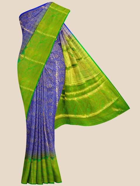 

Kalamandir Blue & Lime Green Ethnic Motifs Zari Silk Blend Banarasi Saree
