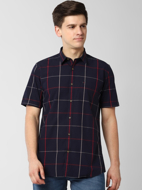 

Peter England Casuals Men Navy Blue Slim Fit Windowpane Checks Pure Cotton Casual Shirt