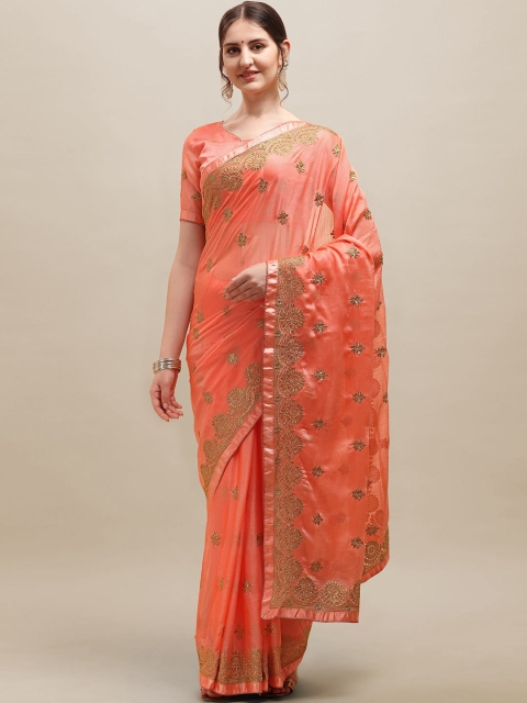 

RAJGRANTH Peach & Gold Ethnic Motifs Zari Pure Chiffon Heavy Work Saree