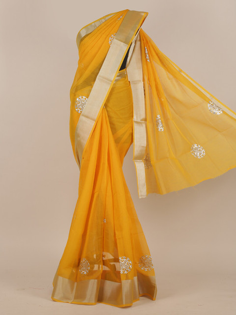 

Pothys Yellow & Silver-Toned Motifs Cotton Blend Saree